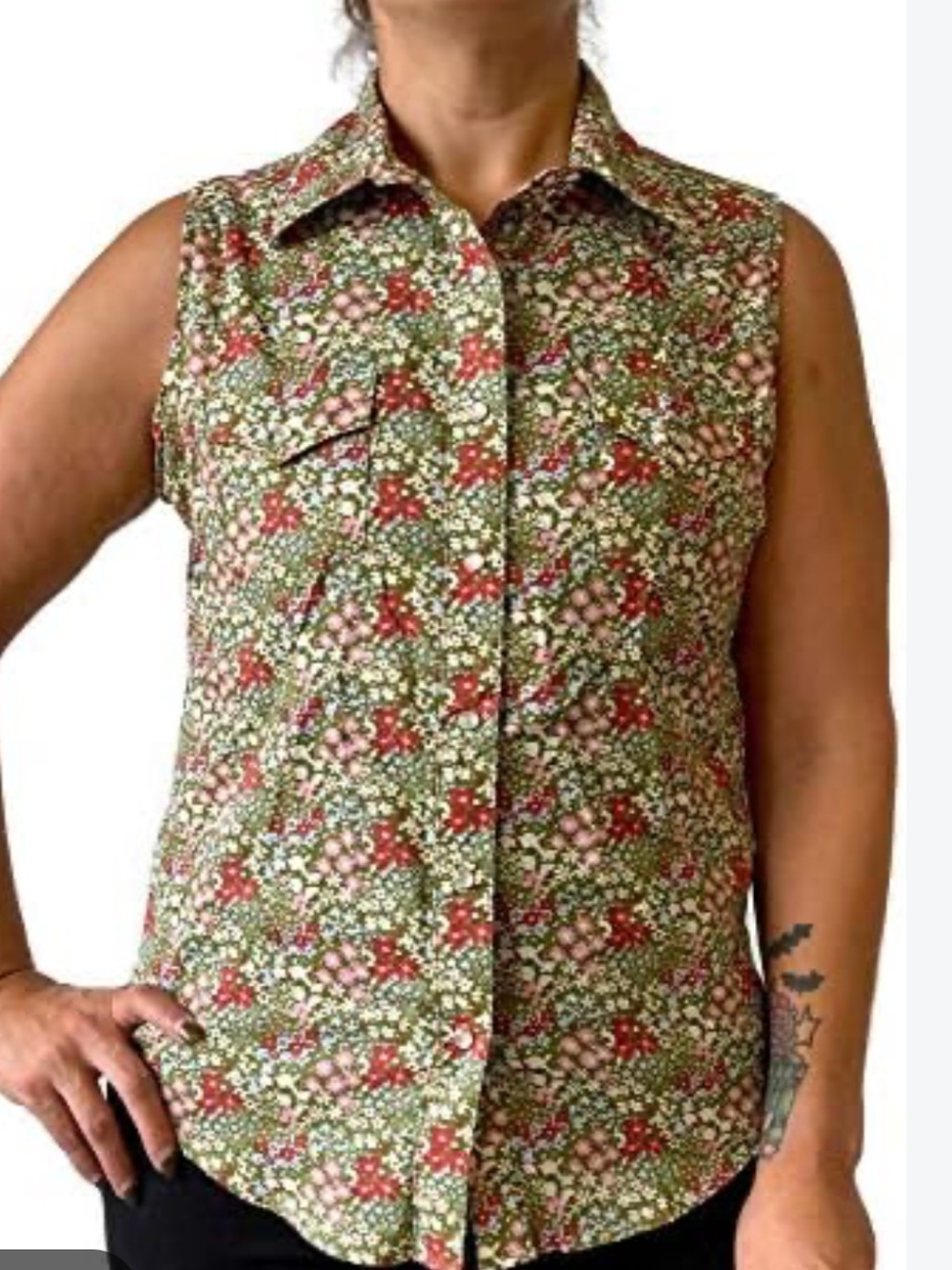 Wrangler Wrancher Green Retro Western Floral Sleeveless Button-Up Top Woman 3XL